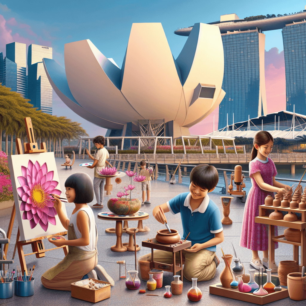 A vibrant outdoor scene featuring the lotus-inspired architecture of the ArtScience Museum at Marina Bay Sands in Singapore. Three children of differe