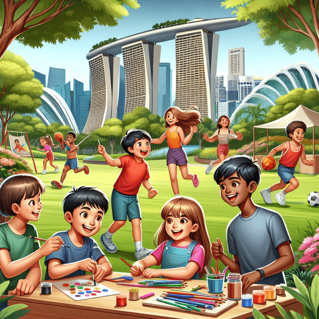 Children at the Summer Camp in Singapore enjoy various activities in a park, set against a cityscape featuring modern architecture, including a distinctive building with three towers and a rooftop garden.