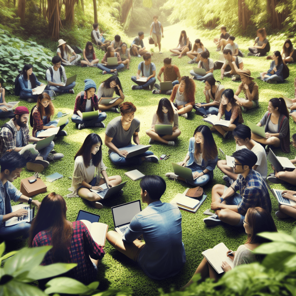 A diverse group of multi-ethnic students, including Asian and Caucasian individuals, sitting on the grass in a lush outdoor setting at a summer camp.