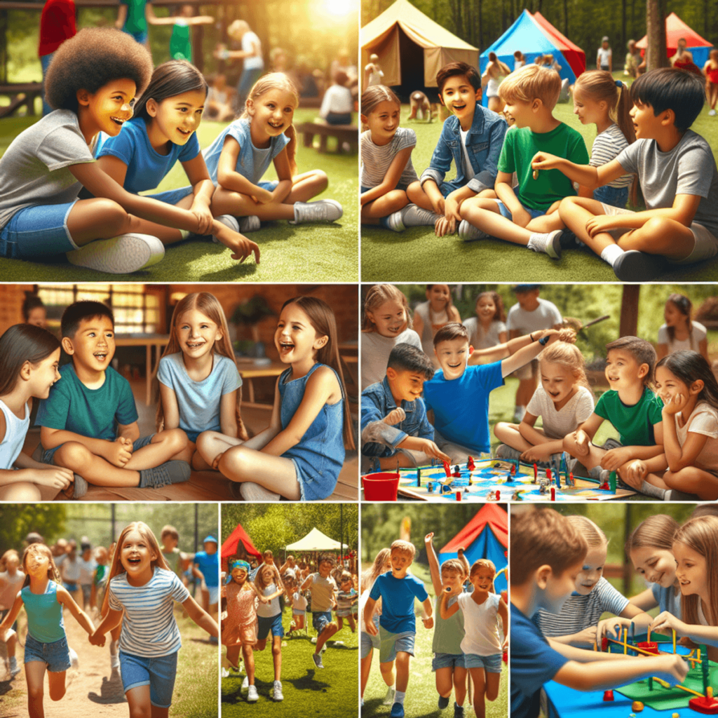 A diverse group of children, including Caucasian, Hispanic, and Asian descent, engaged in various outdoor activities at a vibrant summer camp. They ar