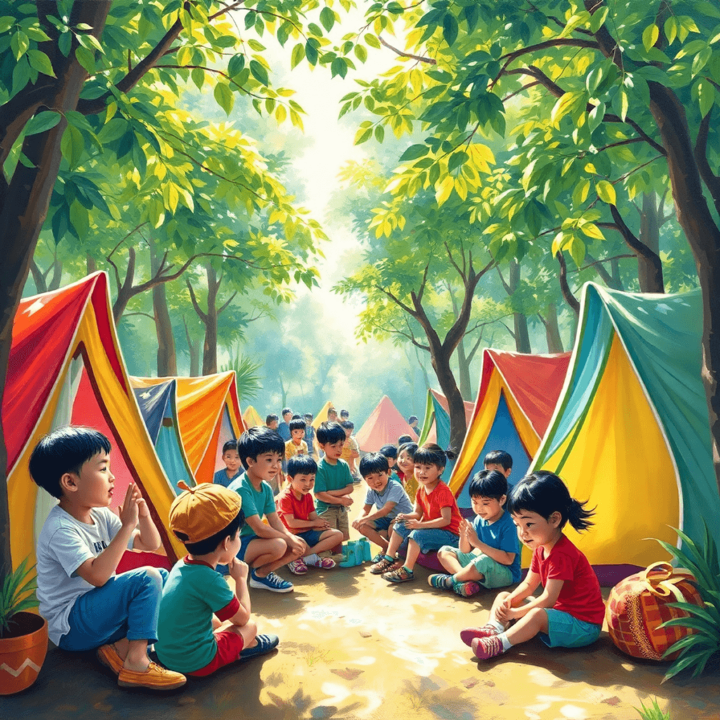 An oil painting depicting a lively summer camp scene with children engaged in various activities, surrounded by colorful tents and trees under bright