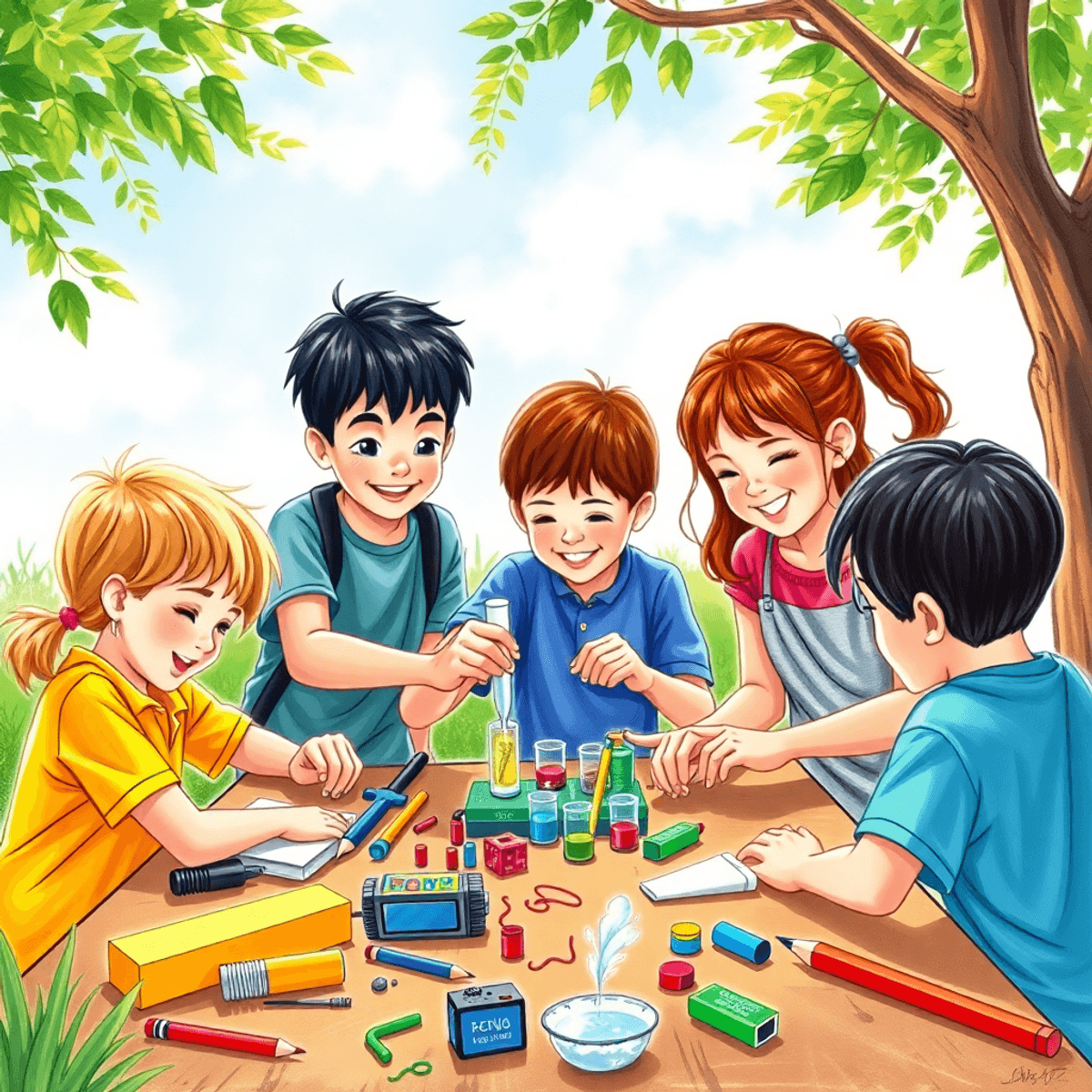 Children collaborating on a STEM project outdoors at summer camp, surrounded by nature, with colorful materials scattered around, showcasing excitemen