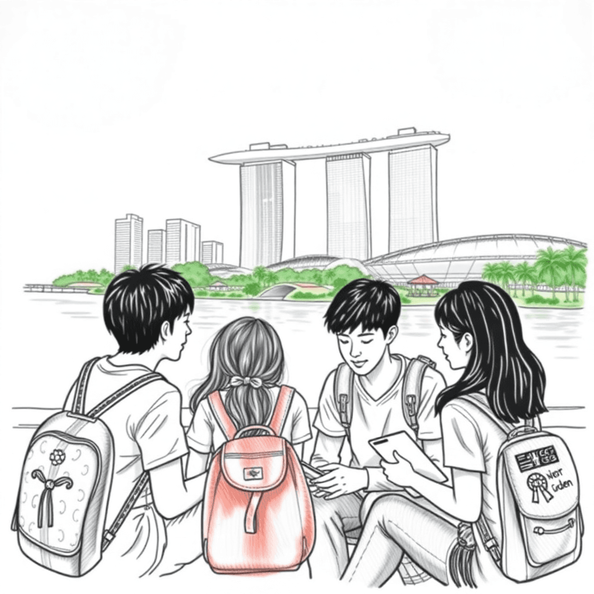 Pencil sketch of our Camp Cosmos Students on an English exchange field trip in Singapore