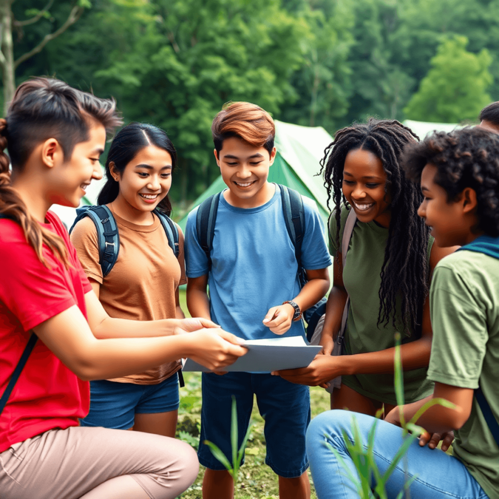 A diverse group of young people collaborating on a project during an outdoor leadership training, set in a lush green camp with tents, embodying teamw