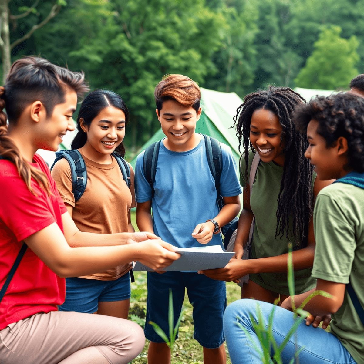 A diverse group of young people collaborating on a project during an outdoor leadership training, set in a lush green camp with tents, embodying teamw