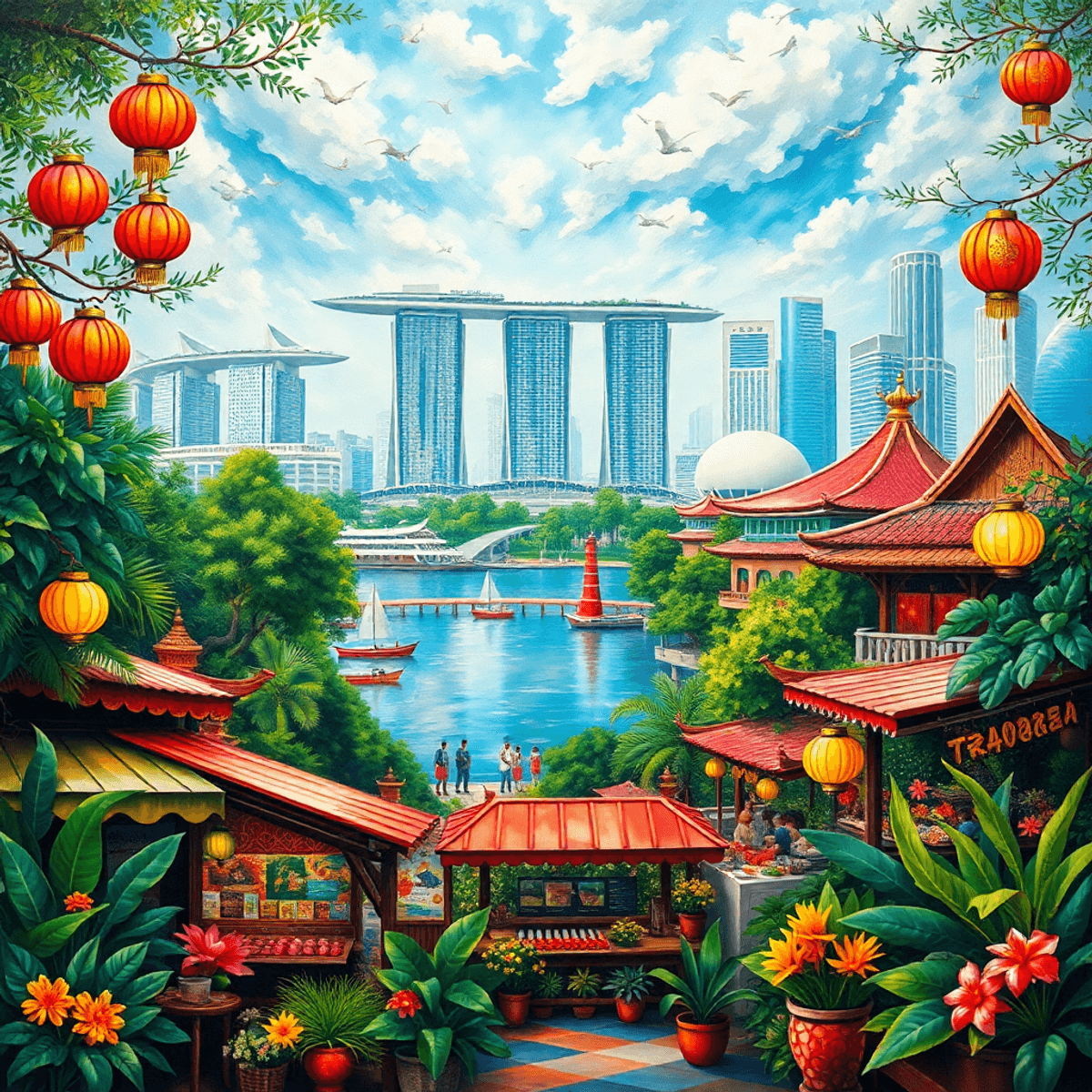 A vibrant oil painting of Singapore's multicultural scene, showcasing Marina Bay Sands and Gardens by the Bay, with traditional lanterns, food stalls,