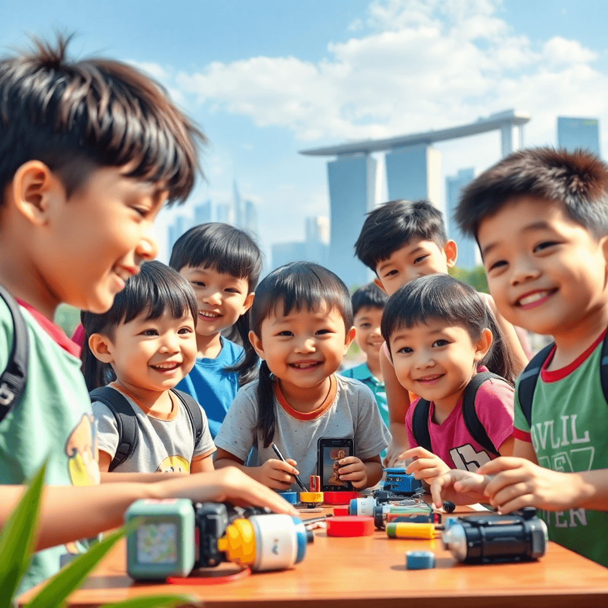 A lively scene of children engaged in outdoor summer camp activities in Singapore, featuring robotics kits and educational materials, with the city sk