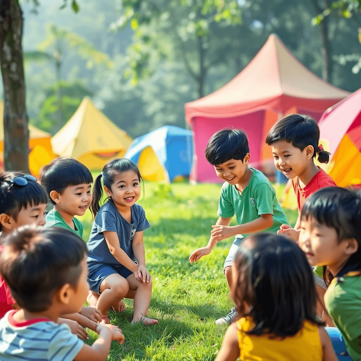 A lively scene of children participating in outdoor activities at a summer camp, surrounded by greenery and colorful tents, showcasing teamwork and jo